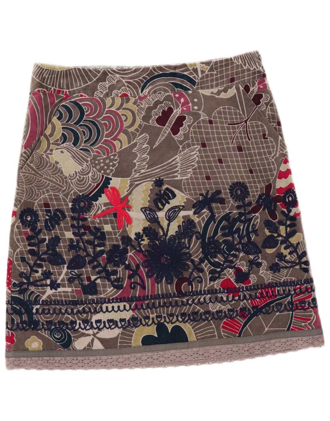 Damska aksamitna mini spódniczka White Stuff UK 12 Medium W33 Szara bawełna w kwiaty