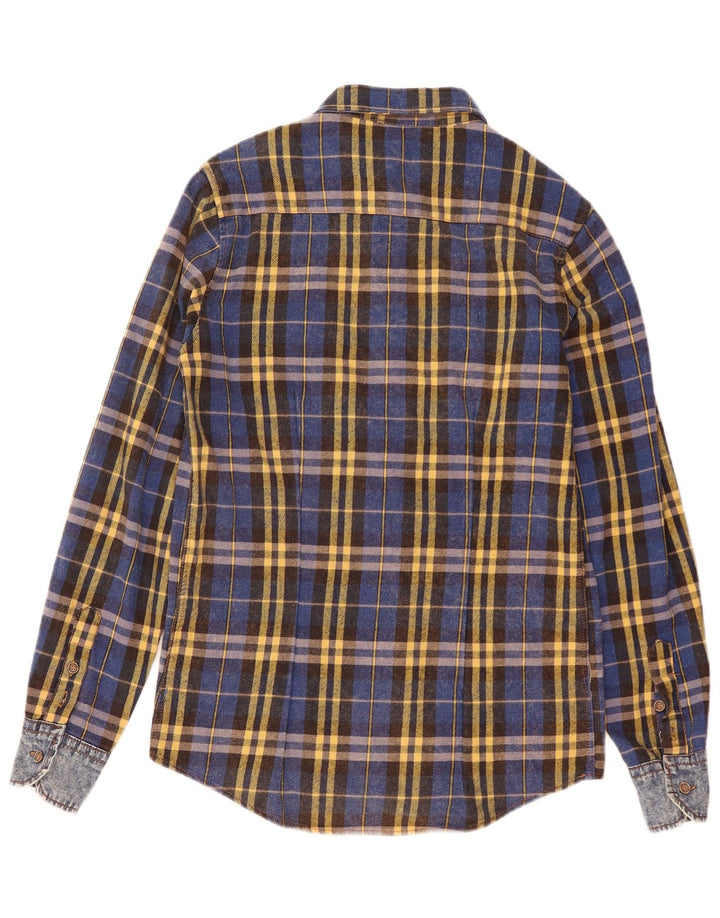 Vintage męska koszula flanelowa w małą niebieską kratkę, bawełniana