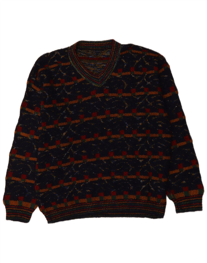 VINTAGE Męski sweter z dekoltem w kształcie litery V XL Granatowy, geometryczny wełniany