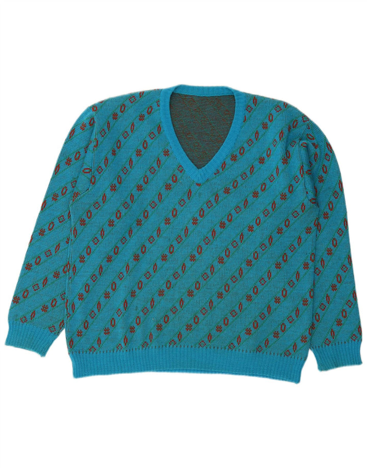 Sweter męski w stylu vintage z dekoltem w szpic, duży, niebieski, geometryczny, wełniany