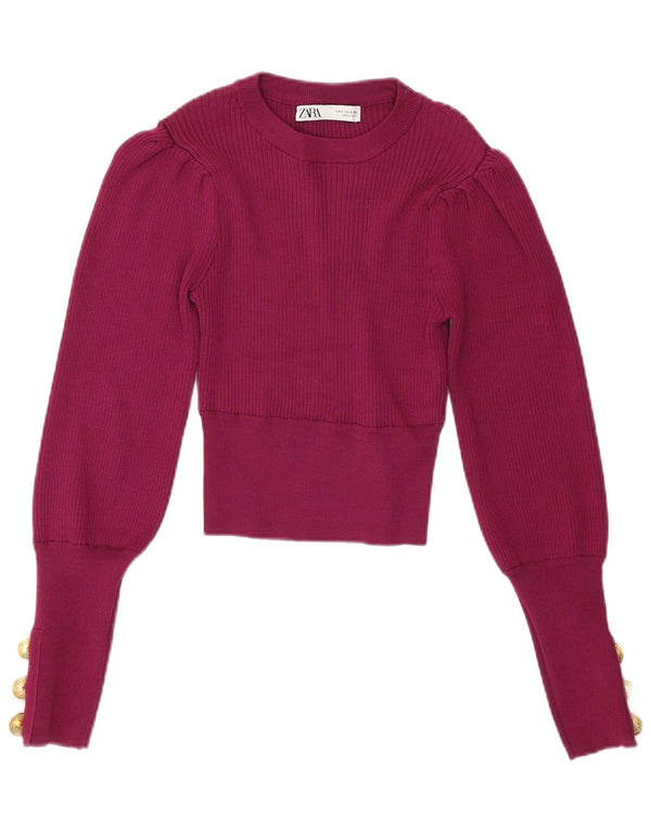 ZARA Womens Crop Crew Neck Jumper Sweater UK 10 Small Burgundy Polyester