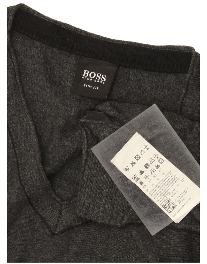 Męski sweter Hugo Boss Slim Fit z dekoltem w kształcie litery V, średnioszary, bawełniany