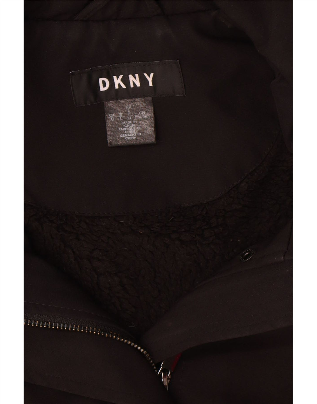 Damski płaszcz z kapturem Dkny Sherpa UK 16, duży, czarny poliester
