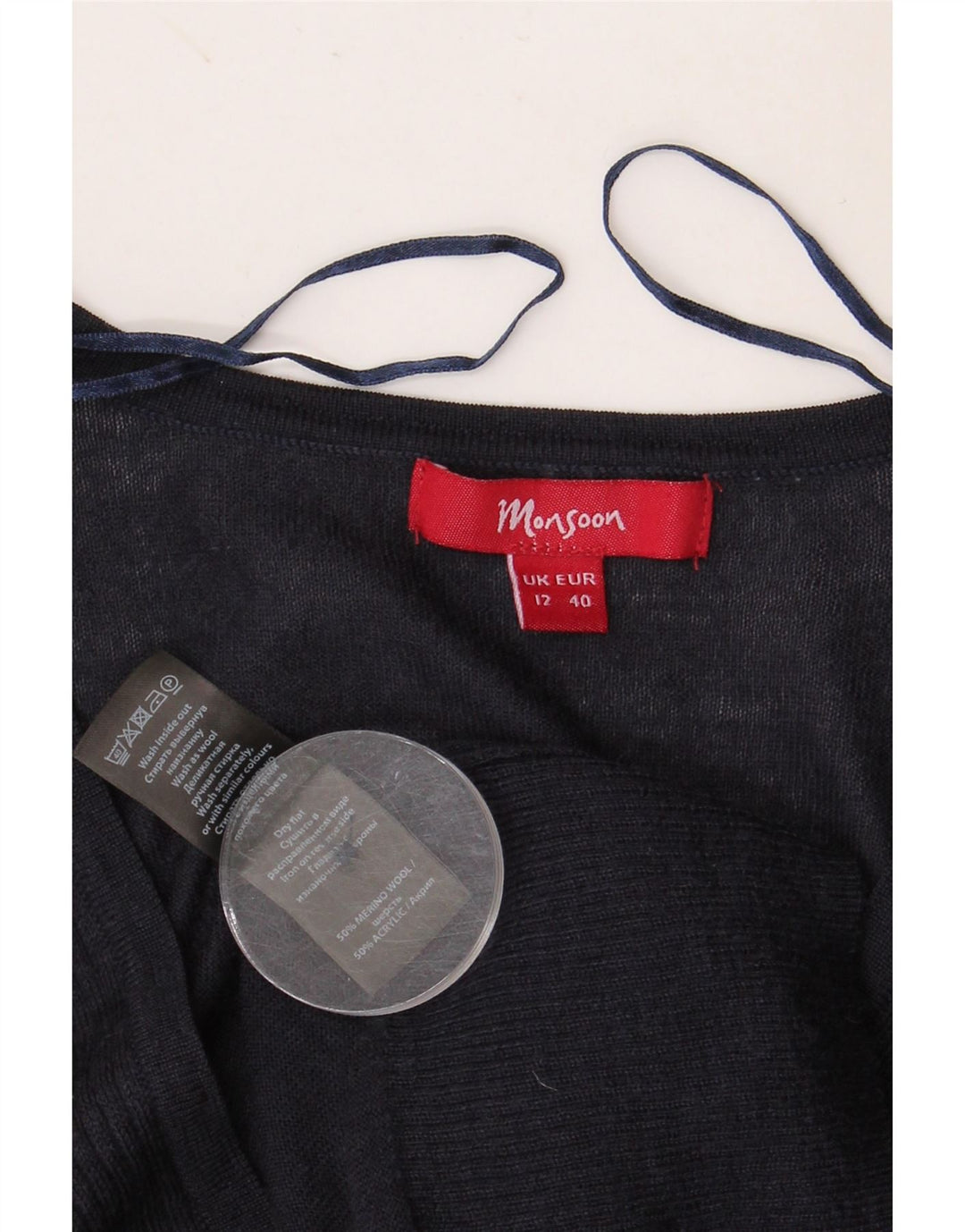 Damski sweter kardigan Monsoon UK 12 Średni granat, wełna merynosów