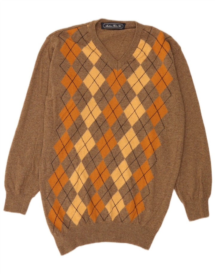 Vintage męski sweter z dekoltem w kształcie litery V, XL, brązowy, argyle/diamentowa wełna