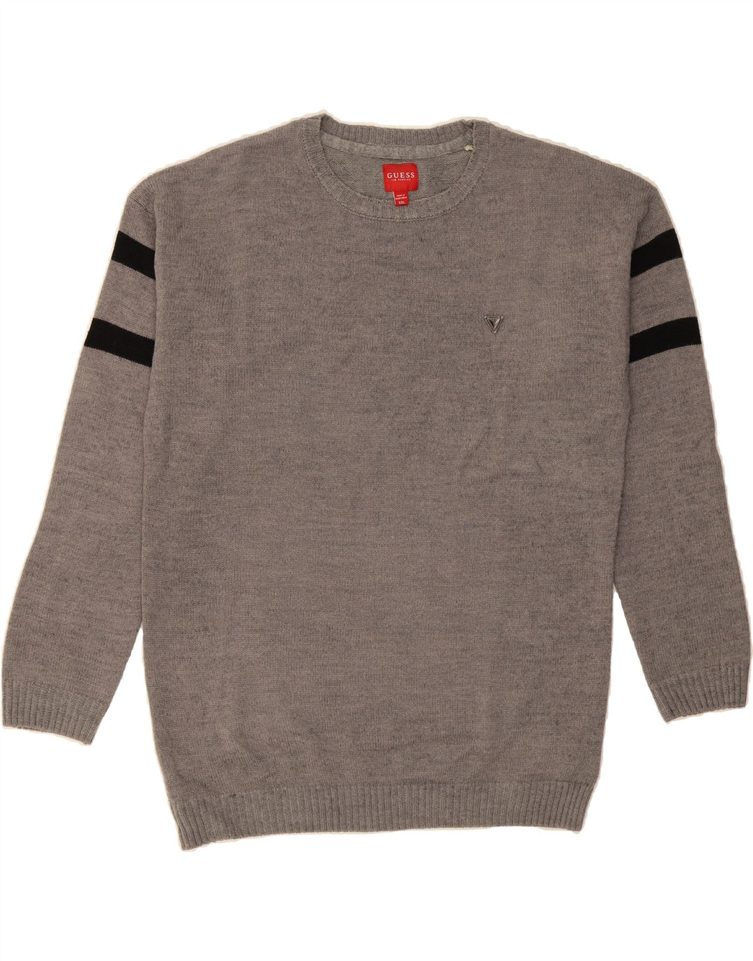 GUESS Mens Crew Neck Jumper Sweater 2XL Grey Striped Acrylic Vintage Guess and Second-Hand Guess from Messina Hembry 