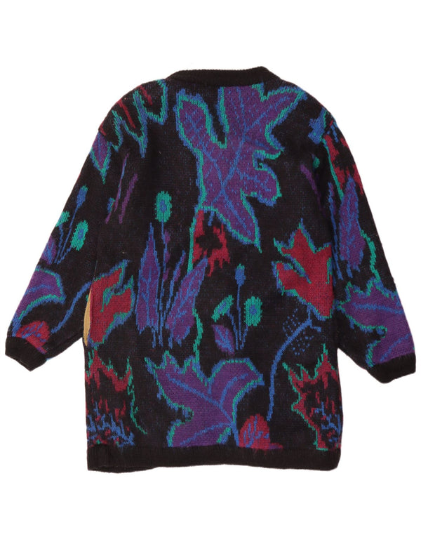 Vintage damski sweter rozpinany o przedłużonym fasonie UK 18 XL, czarny w kwiaty