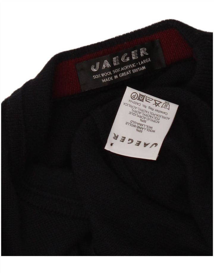 Męski sweter z wycięciem pod szyją Jaeger, duży, granatowy, wełniany