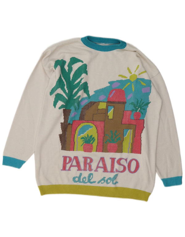 Sweter damski VINTAGE z okrągłym dekoltem UK 16, duży, biały, z blokami kolorów