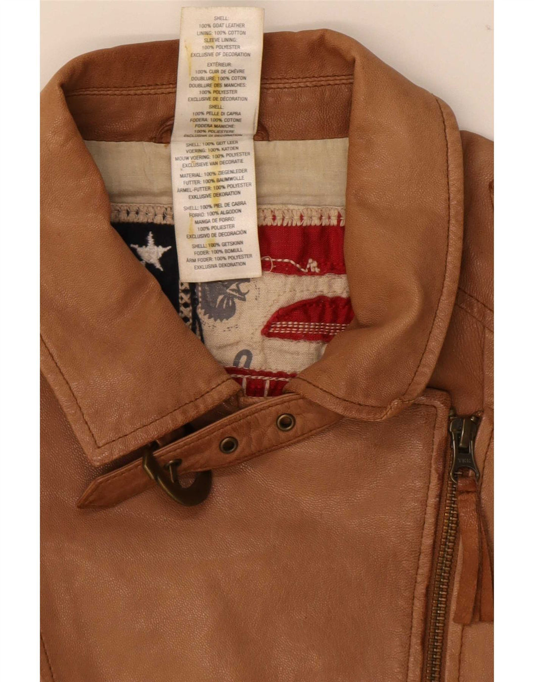 Damska skórzana kurtka motocyklowa True Religion UK 10 w małych beżowych blokach kolorów
