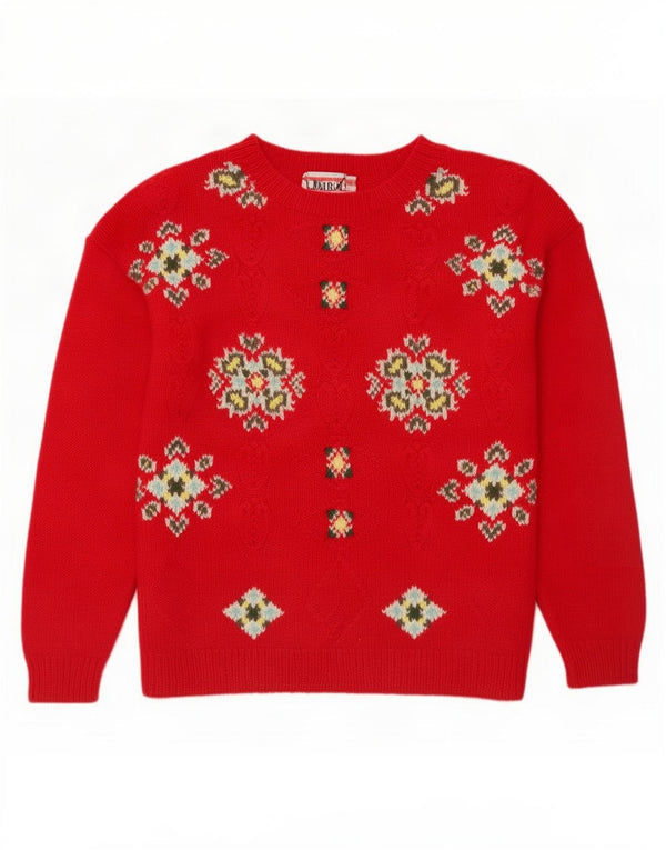 Sweter damski z dekoltem w łódkę, UK 14, średni czerwony, geometryczny, wełniany
