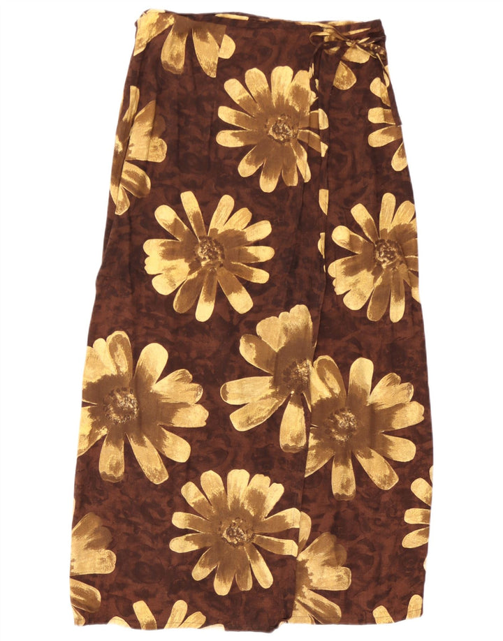 Vintage damska kopertowa spódnica maxi średnia W30 brązowa wiskoza w kwiaty