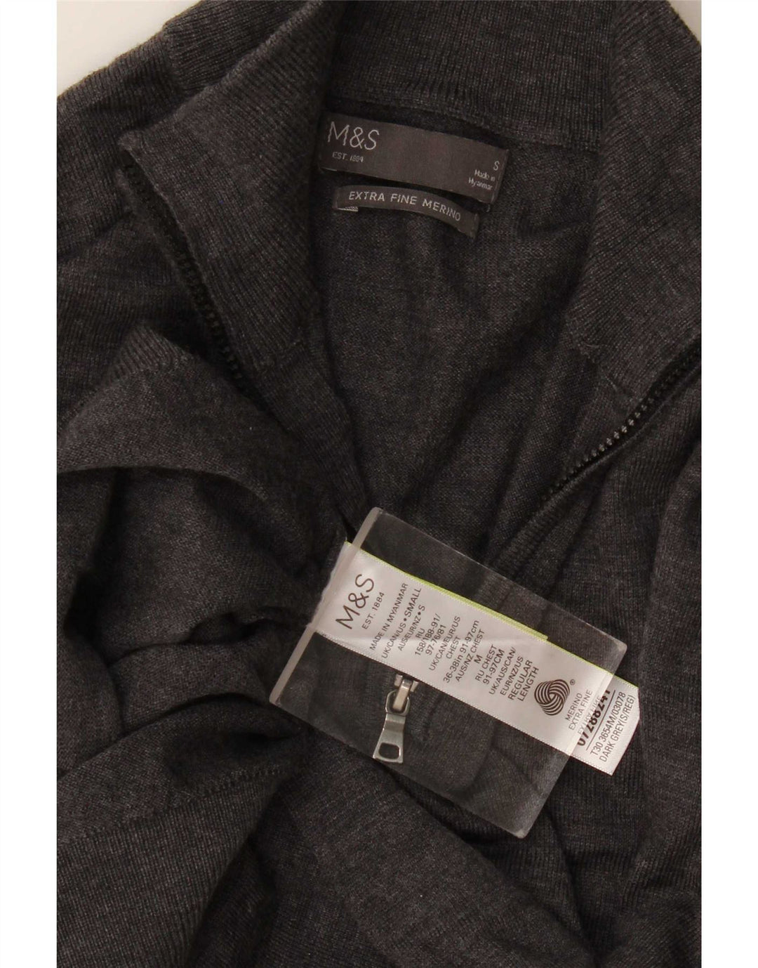 Marks & Spencer Męski sweter z zamkiem błyskawicznym, mały, szary, z wełny merynosów