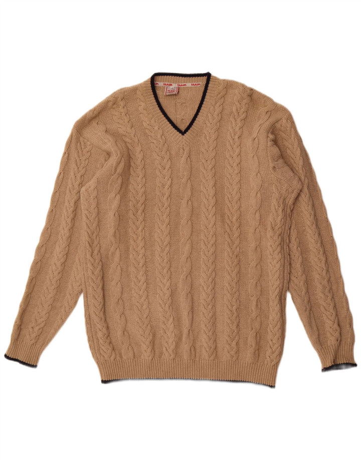 Męski sweter z dekoltem w kształcie litery V, XL, beżowa wełna
