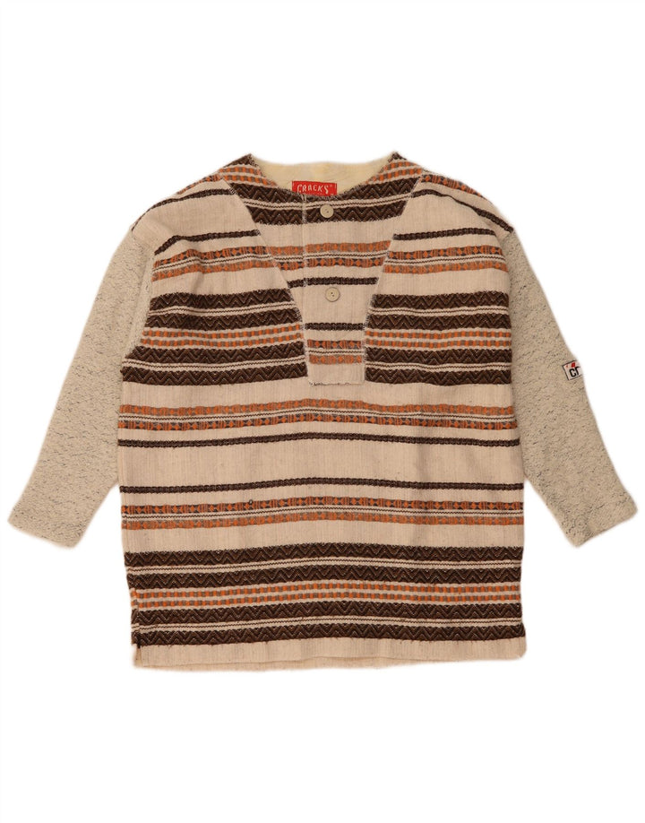Męski sweter w stylu vintage, zapinany na guziki i dekolt w 3/4, w średnie beżowe paski
