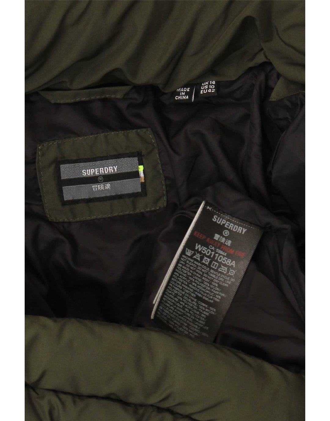 Damski ocieplany płaszcz z kapturem Superdry UK 14, duży poliester khaki