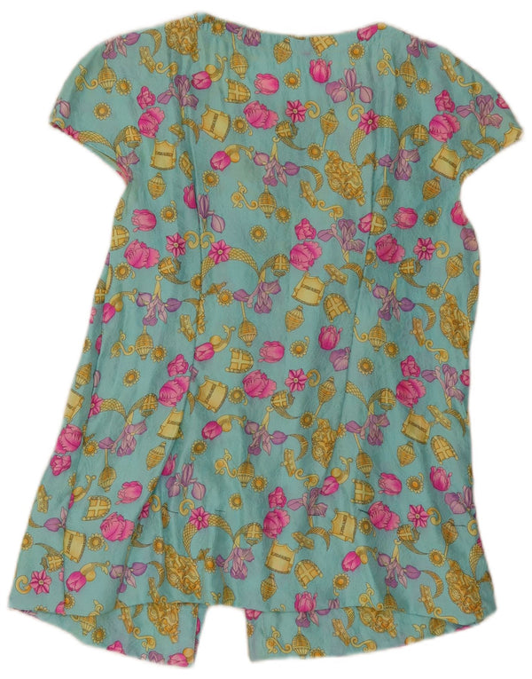 Bluzka damska z krótkim rękawem w stylu vintage, UK 10, mała, turkusowa, w kwiaty