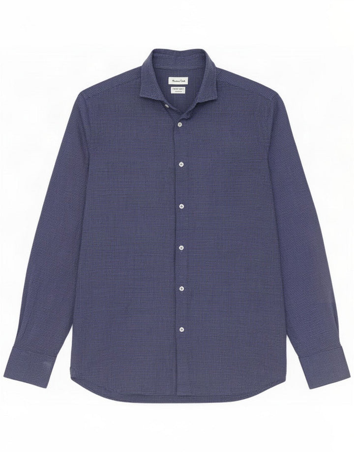 Męska koszula flanelowa Massimo Dutti o regularnym kroju, mała, niebieska pepitka, bawełniana