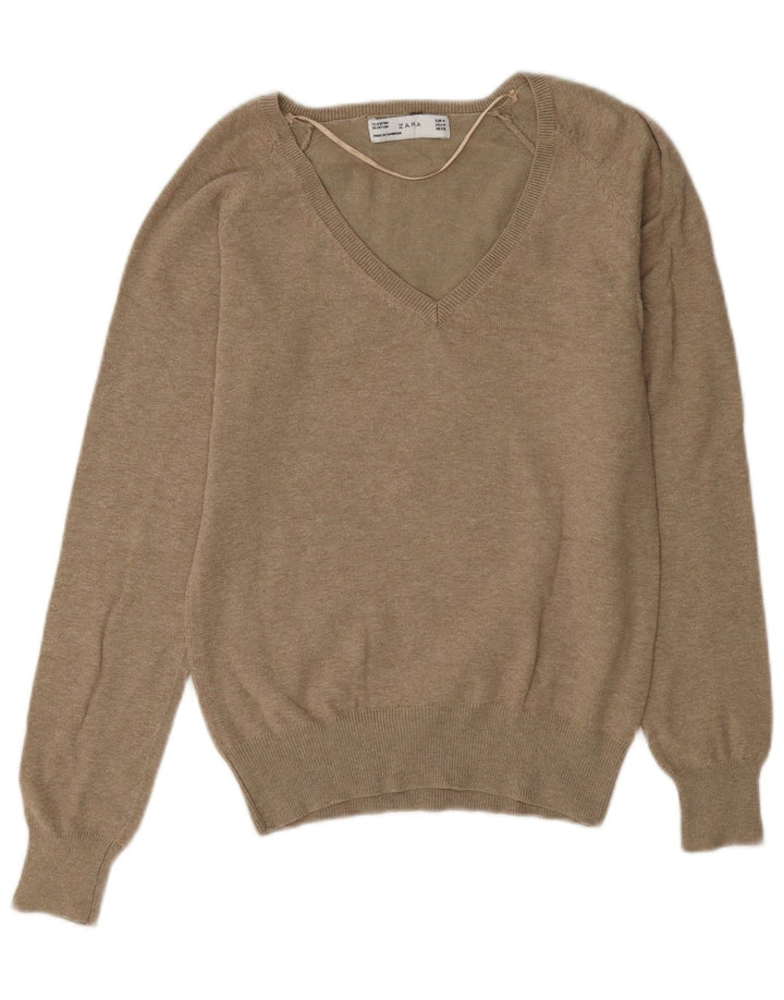 Sweter damski Zara z dekoltem w kształcie litery V, UK 14, średni brązowy, bawełniany