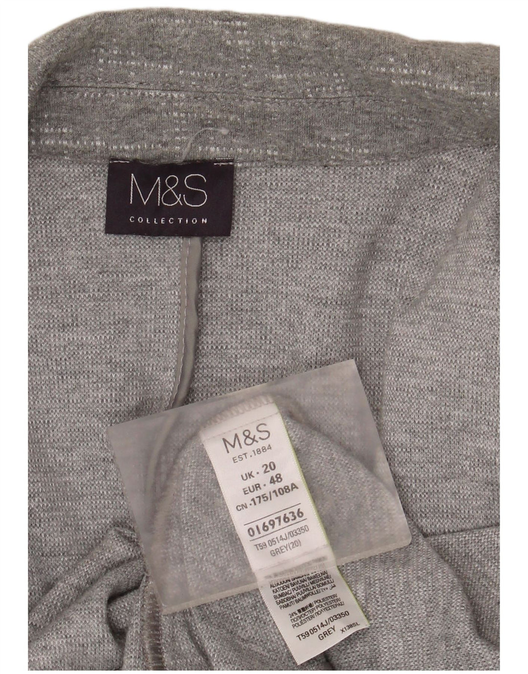 Marks & Spencer Damska marynarka z rękawami 3/4 i otwartymi, UK 20 2XL, szara bawełna