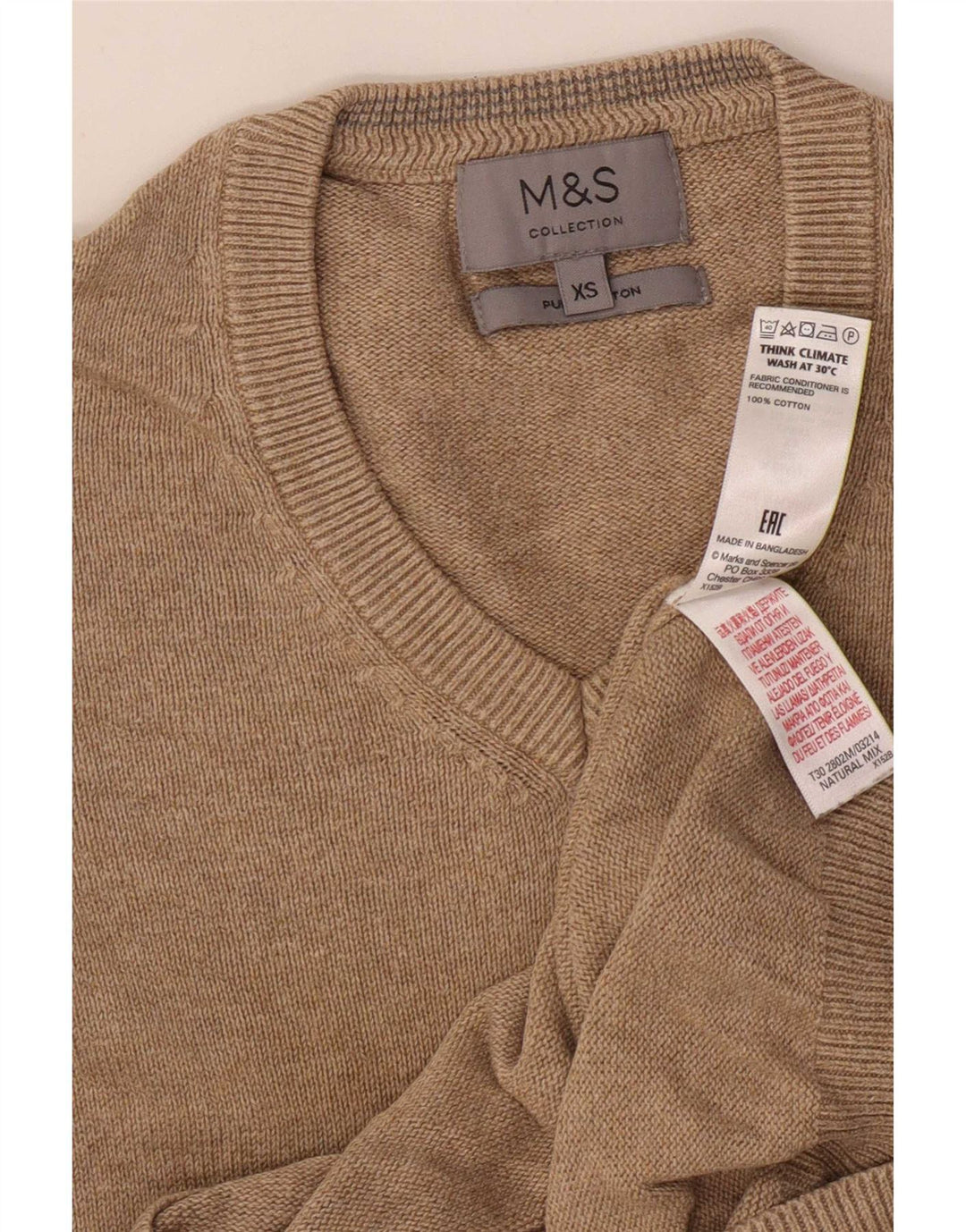 Marks & Spencer Męski sweter z dekoltem w kształcie litery V XS, beżowy, bawełniany