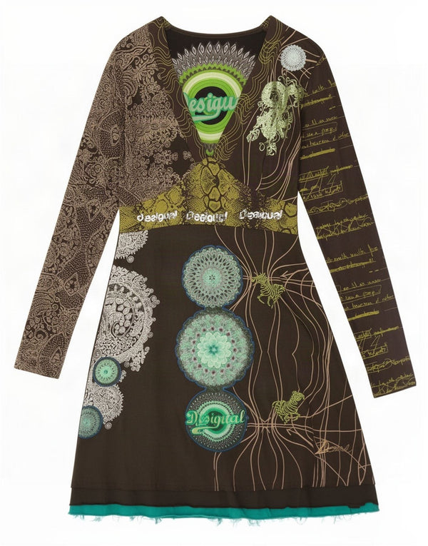 Desigual damska graficzna sukienka o linii A z długim rękawem UK 8 Small Khaki Paisley