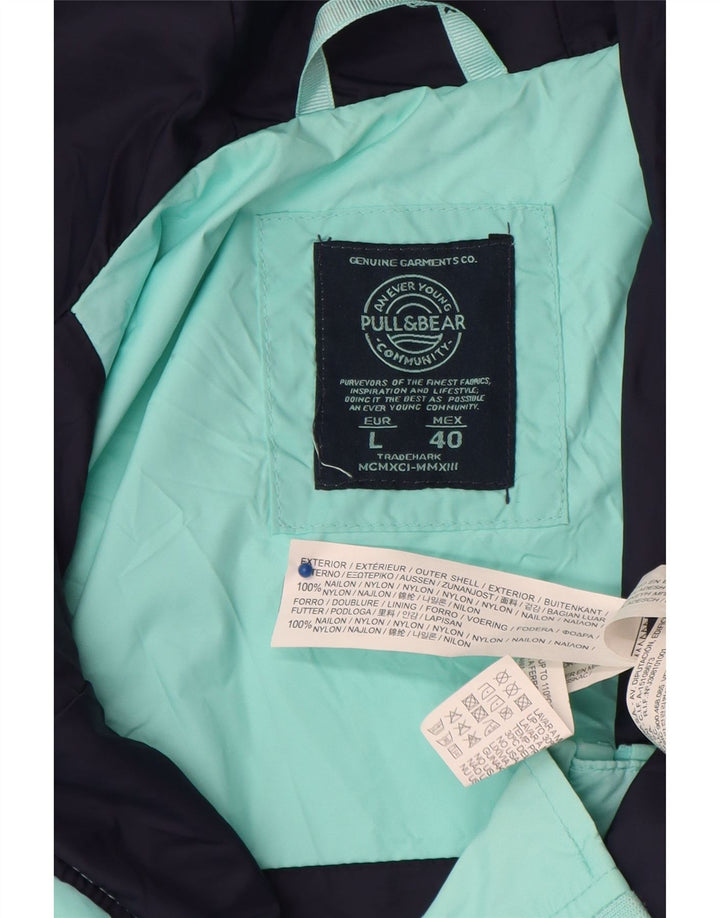 Męska kurtka przeciwdeszczowa Pull & Bear z kapturem UK 40, duży turkusowy nylon z blokami kolorów