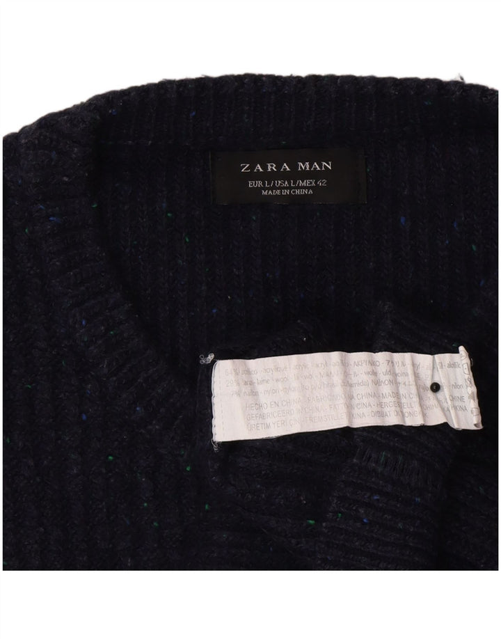 Męski sweter Zara z okrągłym dekoltem, duży, granatowy, akrylowy