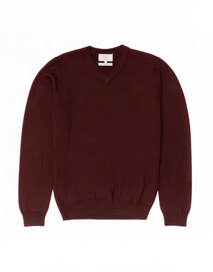 Marks & Spencer Męski sweter o regularnym kroju z dekoltem w kształcie litery V, mały, bordowy