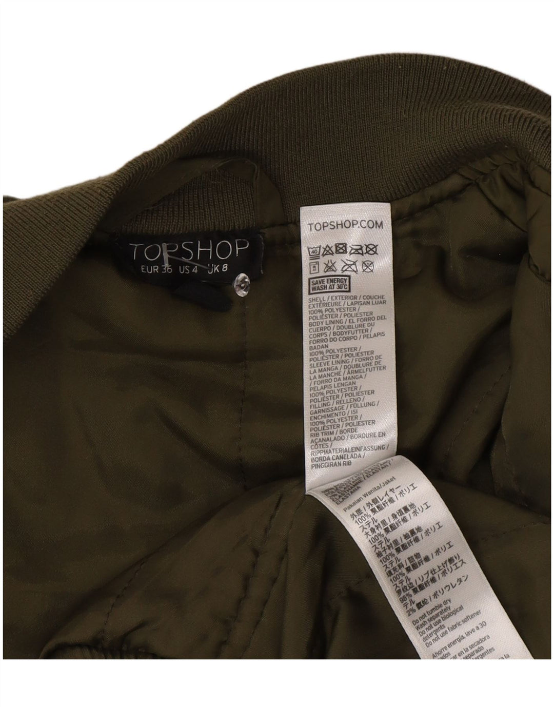 Damska wyściełana kurtka bomberka Topshop UK 8, mała, zielona, poliester