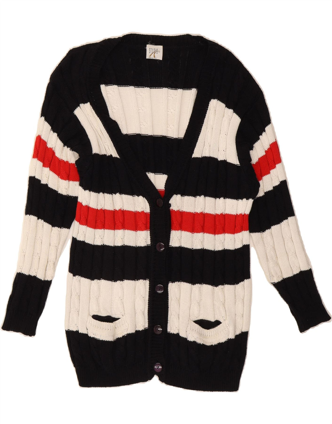 STUDIO Womens Cardigan Sweater UK 14 Large Multicoloured Striped Cotton Vintage Studio and Second-Hand Studio from Messina Hembry 