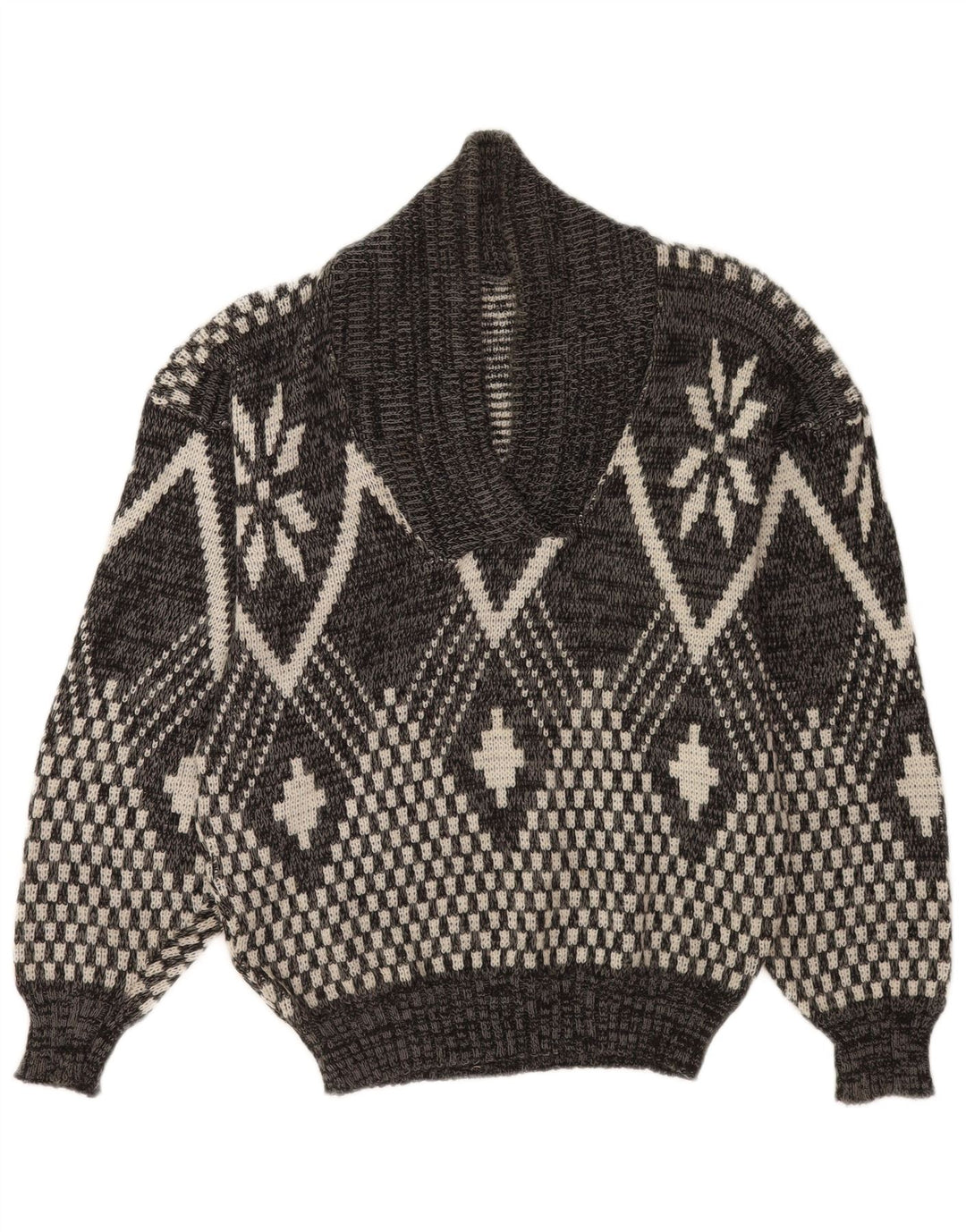 Vintage męski sweter z szalowym dekoltem, średnio szary, geometryczny