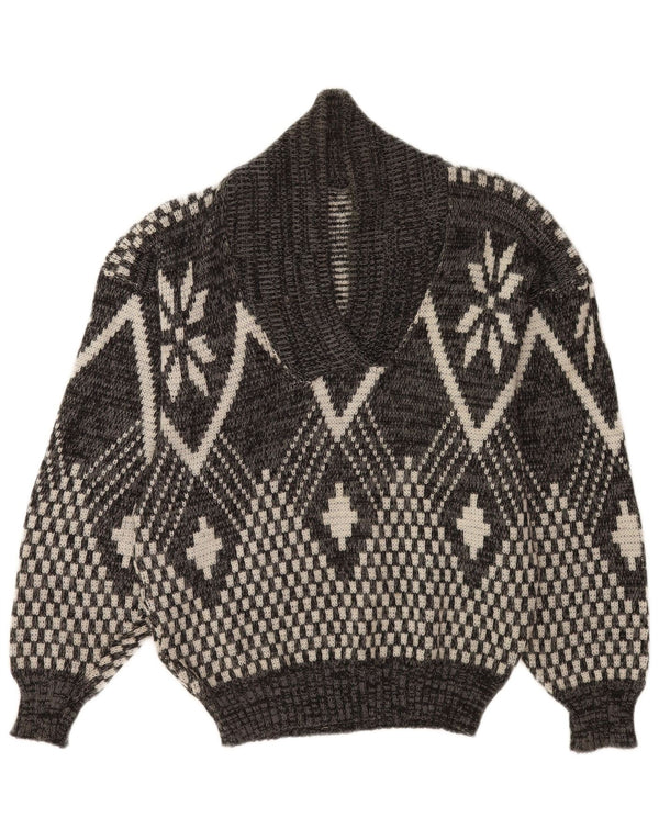 Vintage męski sweter z szalowym dekoltem, średnio szary, geometryczny