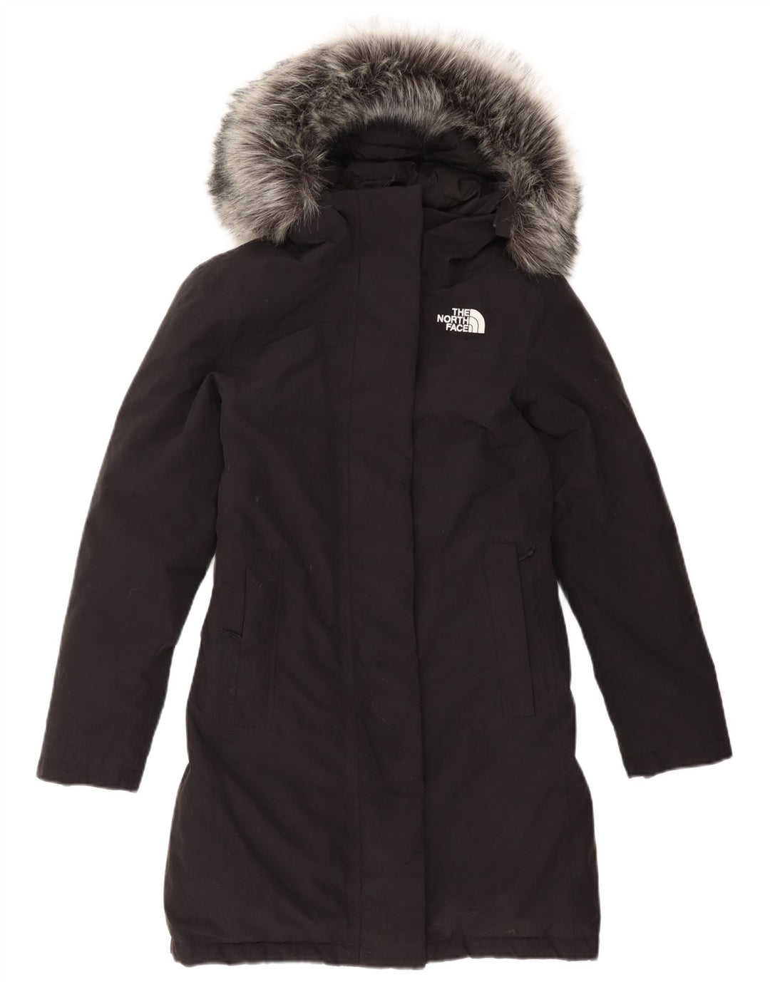 THE NORTH FACE Damski, oversize'owy, ocieplany płaszcz z kapturem UK 6 XS, czarny nylon