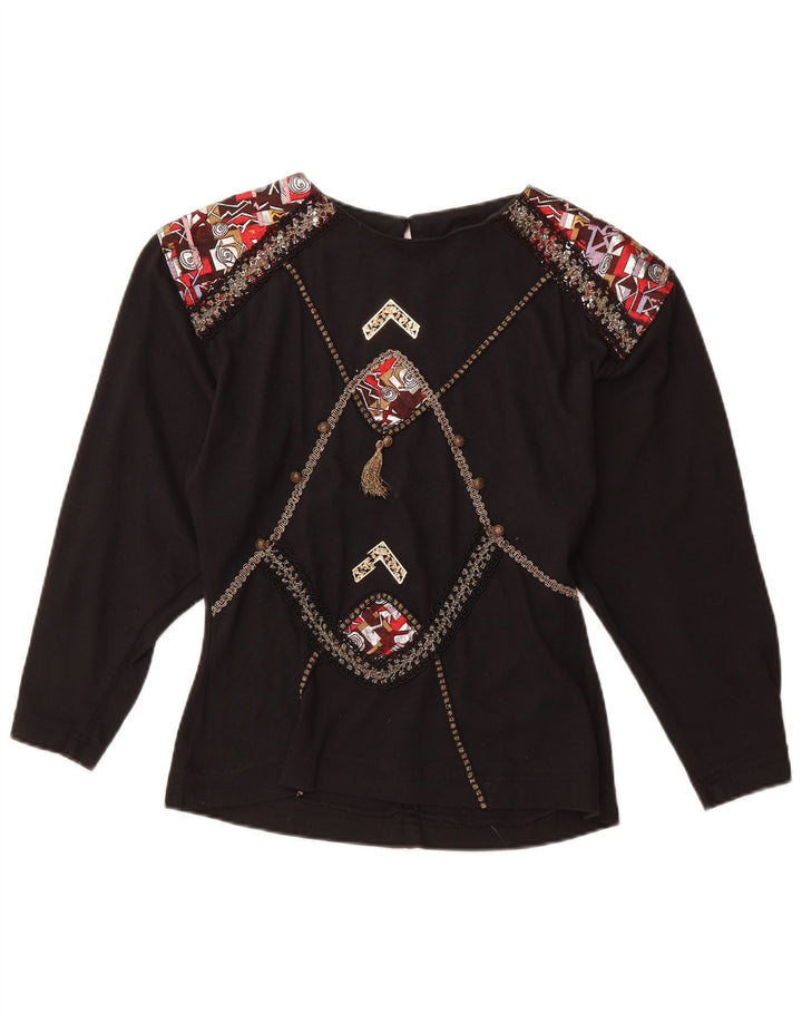 Damska bluzka z długim rękawem w stylu vintage, z grafiką, UK 12, średni czarny akryl