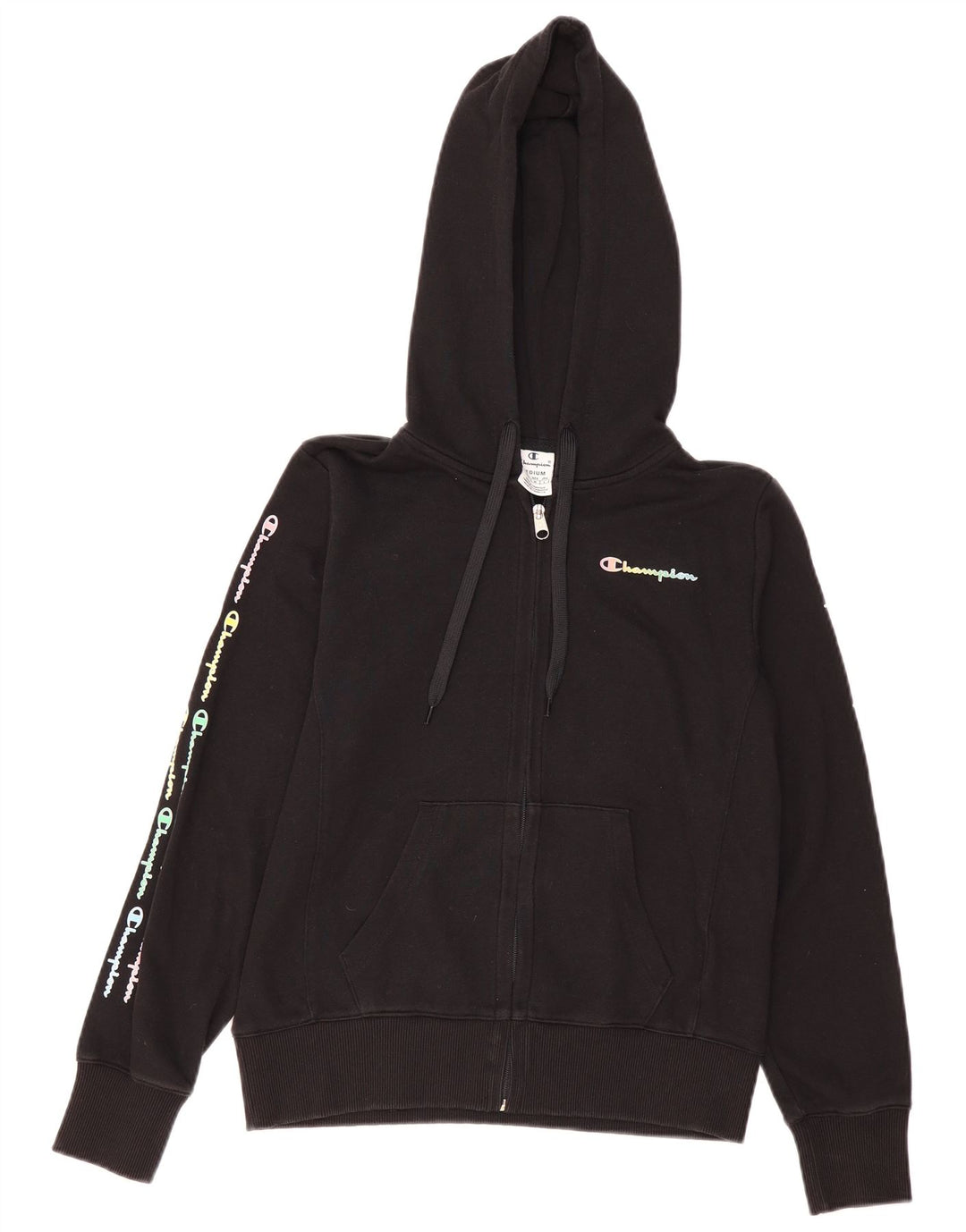 CHAMPION Womens Graphic Zip Hoodie Sweater UK 14 Medium Black Vintage Champion and Second-Hand Champion from Messina Hembry 