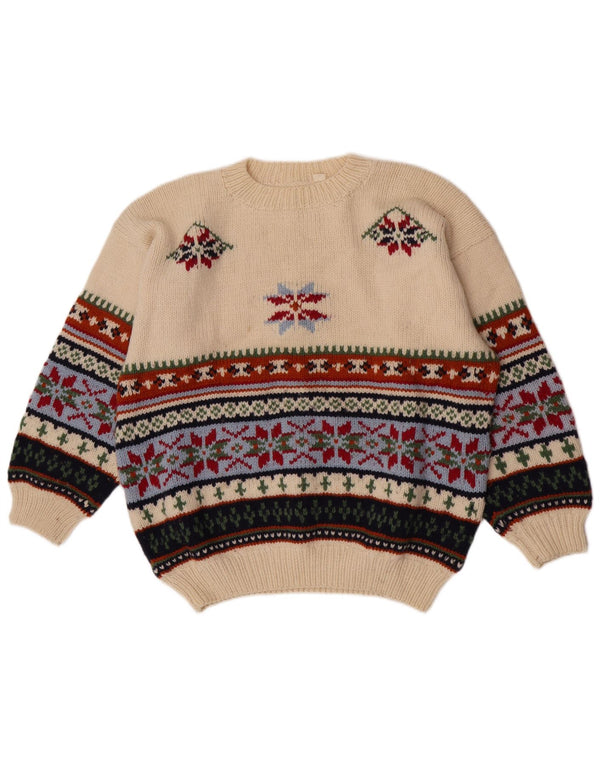 Vintage damski sweter z okrągłym dekoltem UK 18 XL Off White Fair Isle Wool