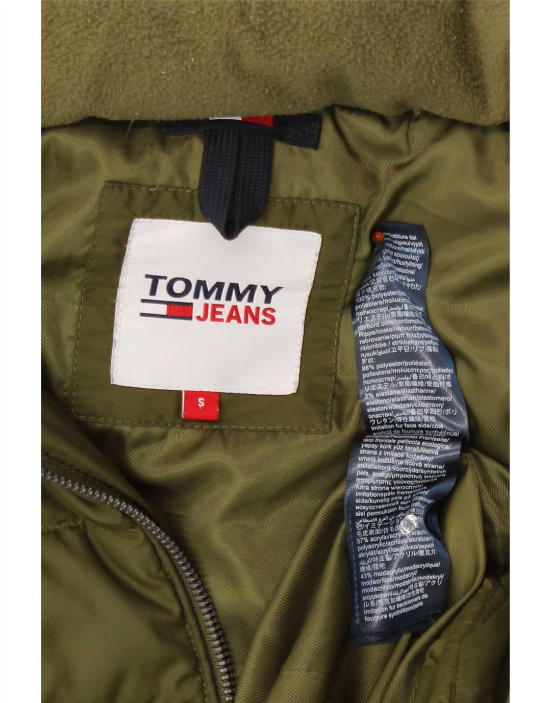 Damska ocieplana kurtka z kapturem Tommy Hilfiger UK 10, mała, khaki, poliester