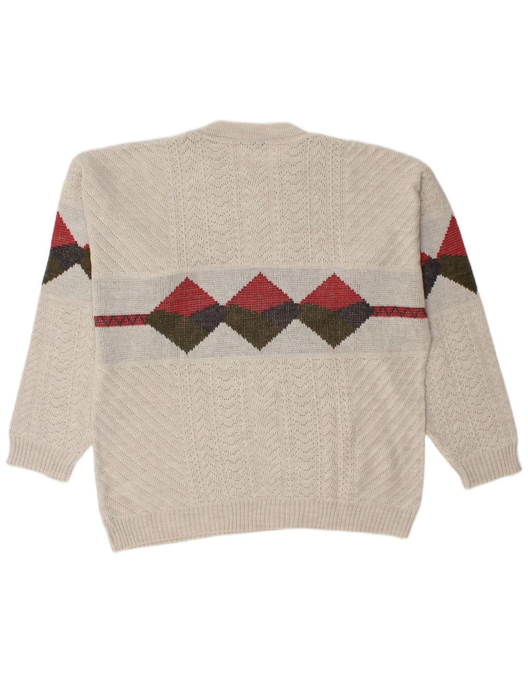 Vintage męski sweter z wycięciem pod szyją, duży beżowy Argyle/diamentowy akryl