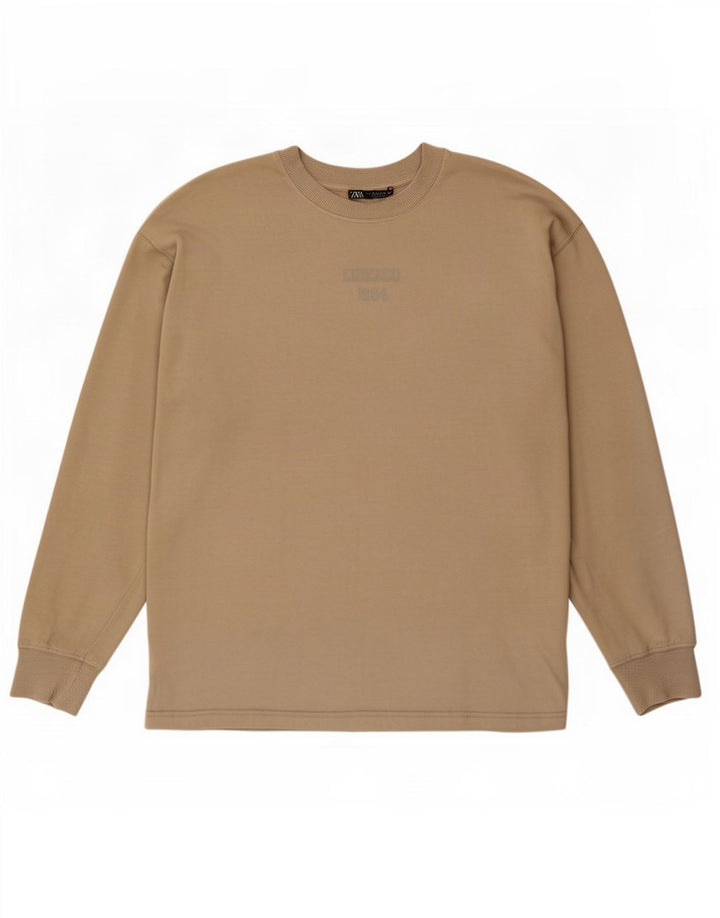Damski top oversize Zara z długim rękawem, średnio beżowy, bawełniany
