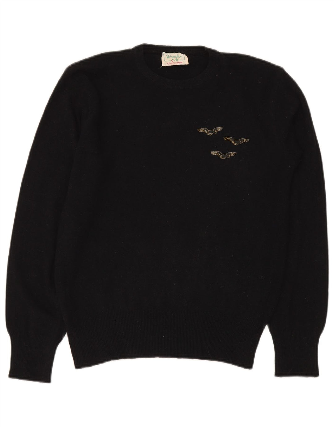 Damski sweter z okrągłym dekoltem Benetton IT 50 XL, czarna wełna