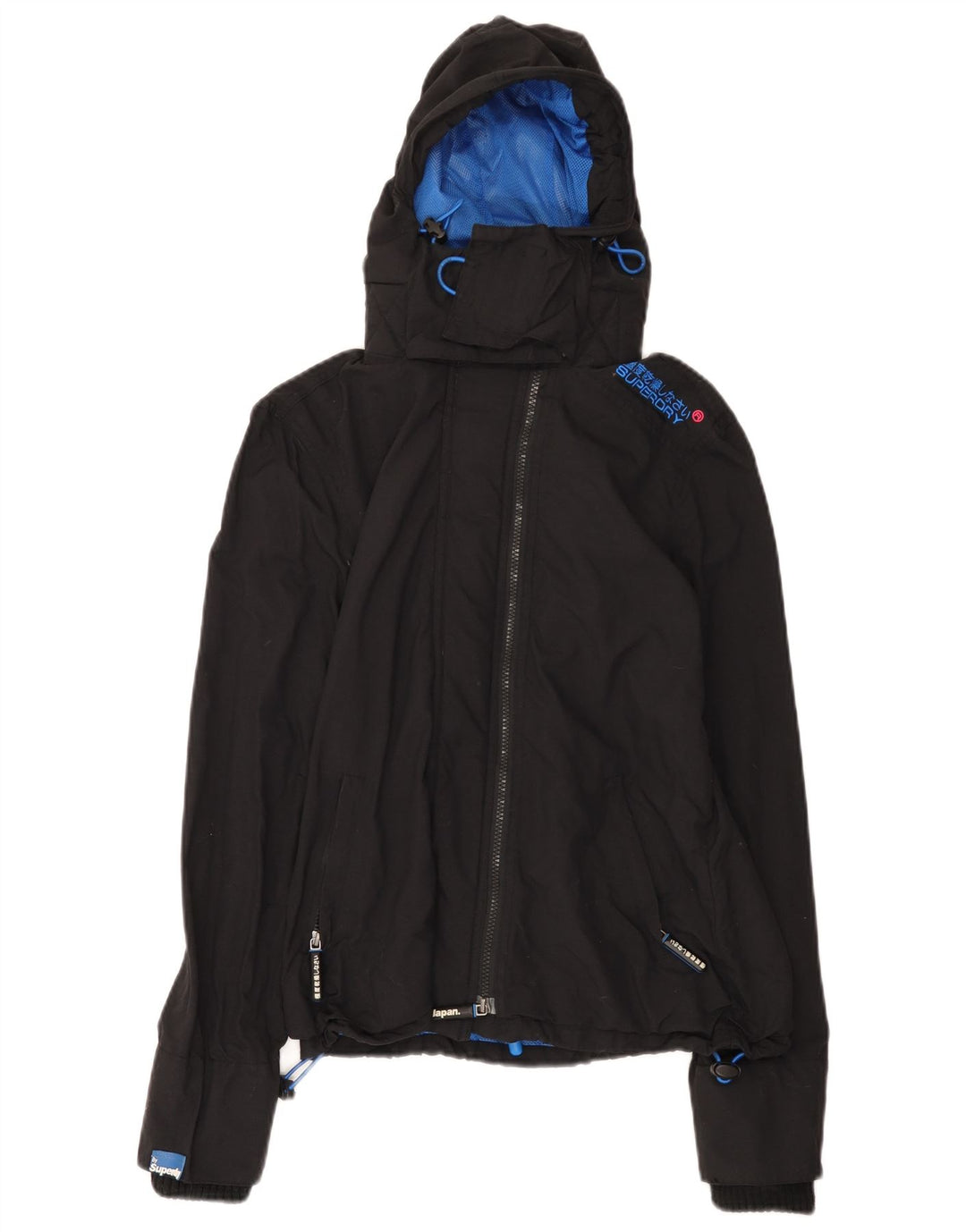 Damska kurtka przeciwdeszczowa z kapturem i wiatrówką Superdry UK 14, średni czarny nylon