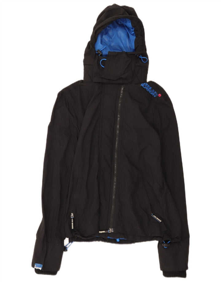 Damska kurtka przeciwdeszczowa z kapturem i wiatrówką Superdry UK 14, średni czarny nylon