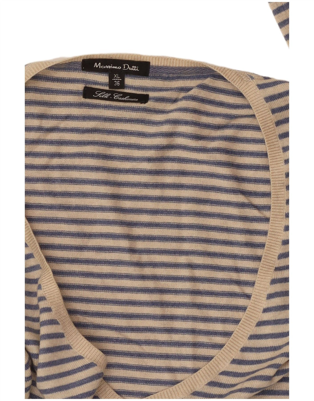 Sweter damski MASSIMO DUTTI z dekoltem w kształcie litery V, brytyjski 18 XL, kaszmirowy w niebieskie paski