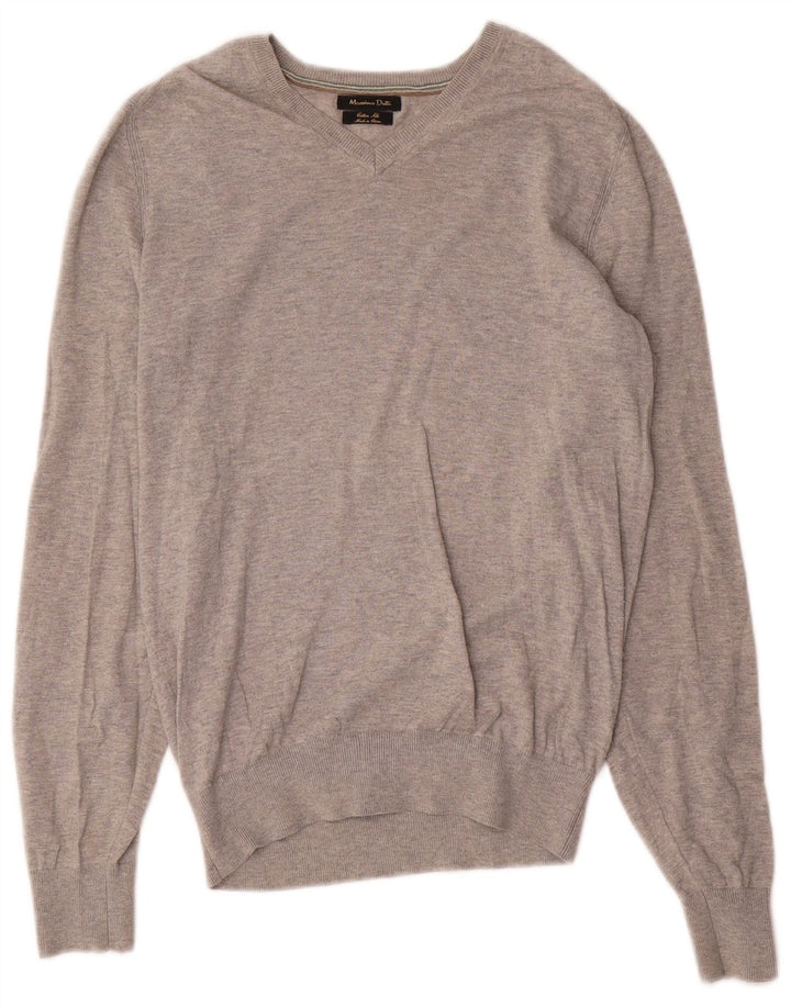 Męski sweter Massimo Dutti z dekoltem w kształcie litery V, mały, szary, z bawełny w plamki