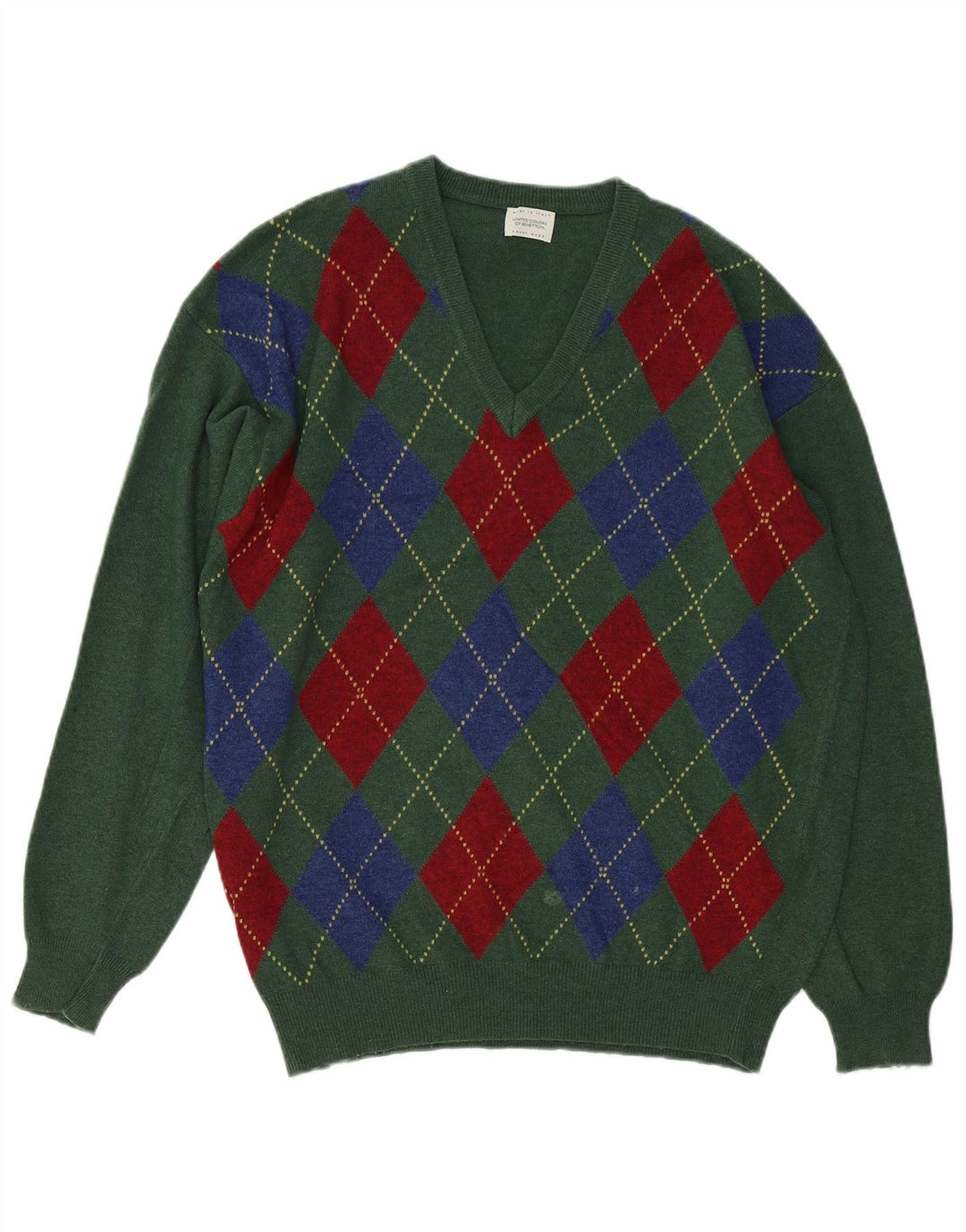 BENETTON Męski sweter z dekoltem w kształcie litery V, średni zielony Argyle/diamentowa wełna
