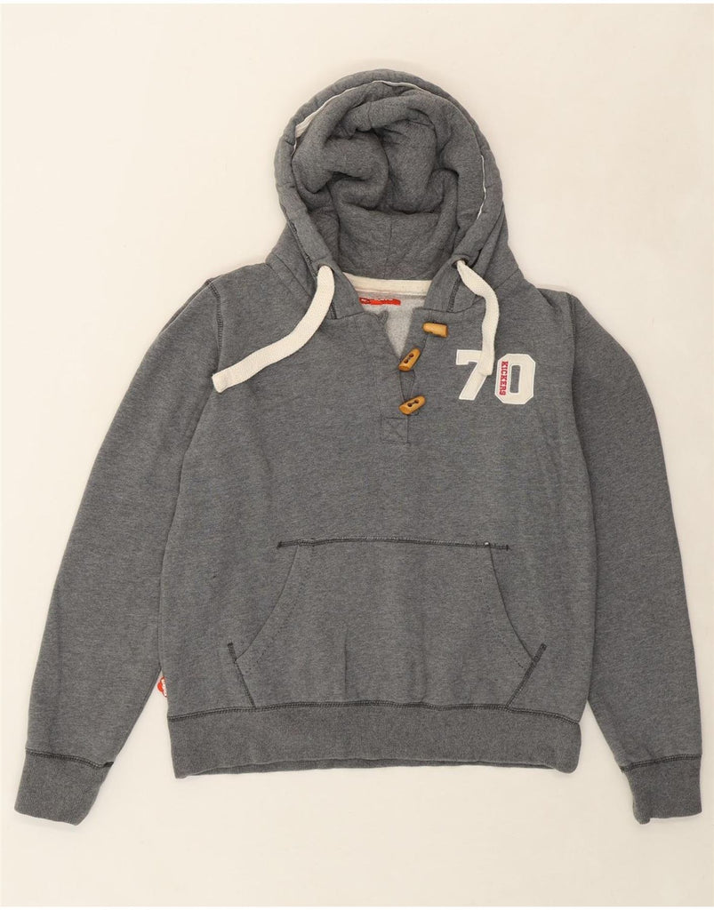 KICKERS Womens Graphic Hoodie Jumper UK 16 Large Grey Cotton Vintage Kickers and Second-Hand Kickers from Messina Hembry 