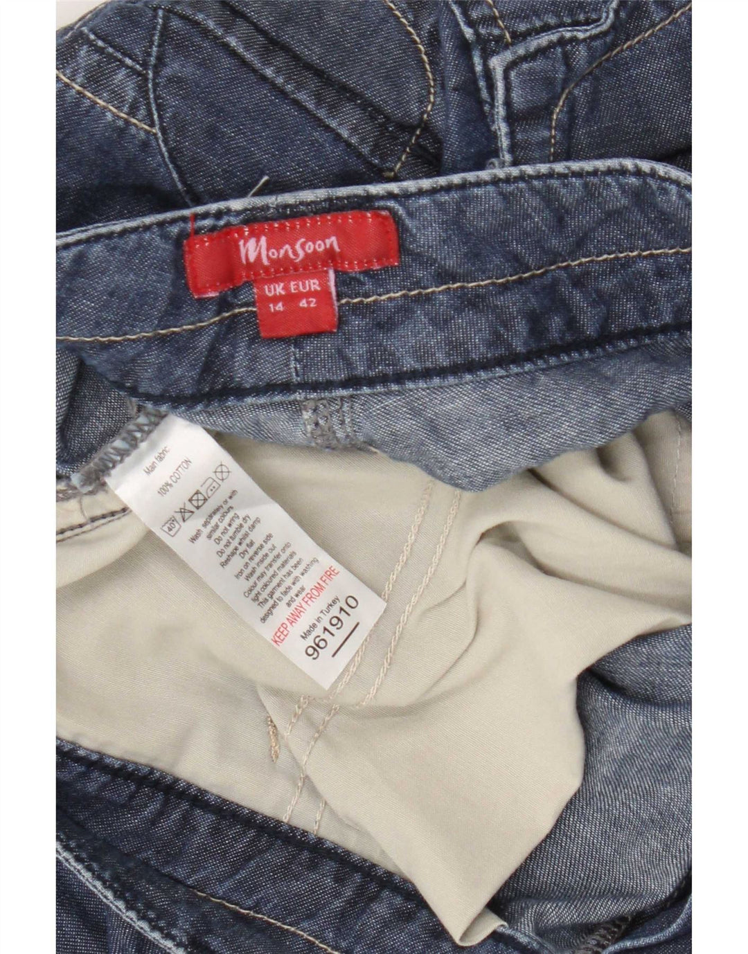 Damskie spodenki jeansowe Monsoon Cargo UK 14 Medium W34 L20 Niebieskie bawełniane