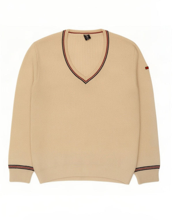 Vintage męski sweter z dekoltem w kształcie litery V, małe beżowe paski