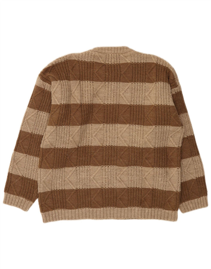 Vintage męski sweter z okrągłym dekoltem, duże brązowe paski